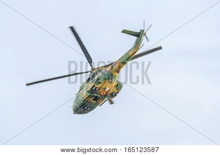 Bucharest, Romania - September 5, 2015. Aerobatic Elicopter Pilots Training In The Sky Of The City.