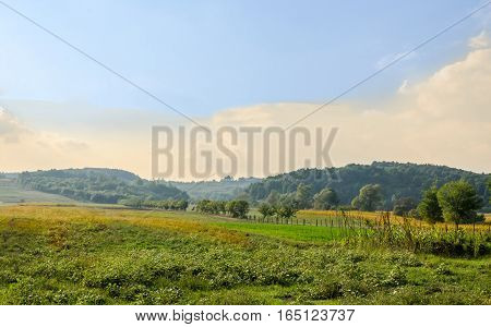 Countryside Of Region Horezu From Romania With Hills, Mountains And Fileds, Autumn Time.