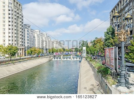 Bucharest, Romania - September 19, 2015. The Shore Of The River Dambovita, Bridge, Water