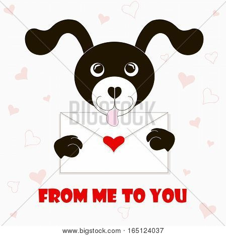 Typography banner From me to you, black and white cartoons dog with envelope, red hearts, stock vector illustration