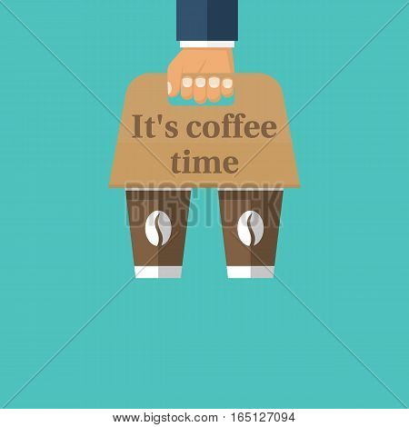 Coffee holder. To go break time. Businessman holding takeaway coffee cups. Vector illustration flat design. Isolated on background. Paper disposable box, container for food and drink.