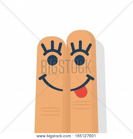 Smile with tongue drawn on two fingers of the hand. World Smile Day banner. Vector illustration flat design. Isolated on white background. Funny gesture. Positive emotions.