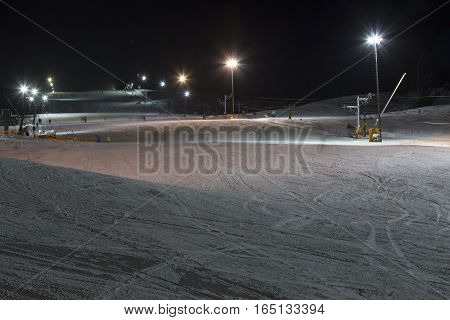 Ski with rope tow at night. Night skiing. Zuberec Ski Park. Slovakia. Western Tatras.