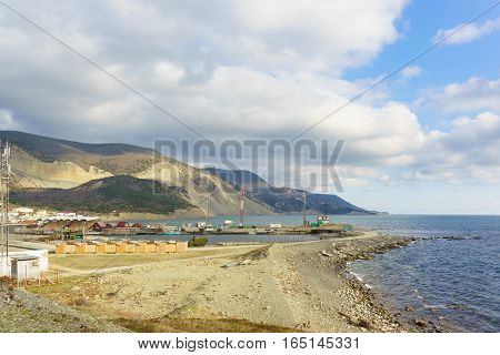 Cape Utrish navigation towers and buildings of the Dolphinarium. Russia Krasnodar Krai village of Big Utrish