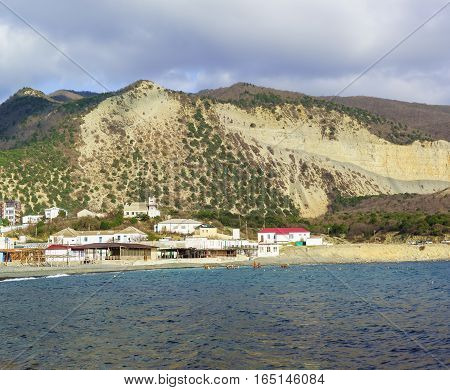Rocky shore of the black sea near the village Utrish. Russia Krasnodar Krai village of Big Utrish