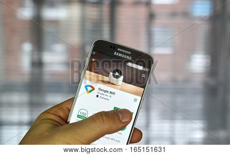 MONTREAL CANADA - DECEMBER 23 2016 : Google wifi application on Samsung S7 scree. The Google Wifi app lets to control Google Wifi points or OnHub right from mobile device