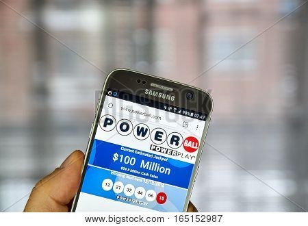 MONTREAL CANADA - DECEMBER 23 2016 : Powerball winning numbers. Powerball is an American lottery game offered by 44 states the District of Columbia Puerto Rico and the US Virgin Islands.