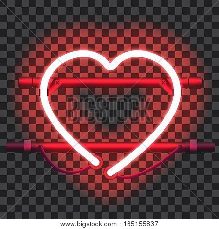 Glowing red neon heart with holders, brackets and wires isolated on transparent background. Shining and glowing neon effect. Valentines heart. Love and wedding symbol. Vector illustration.