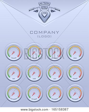 Calendar 2018 background. Motorcycle speedometer dashboard concept. Vertical metallic background. Vector EPS10.