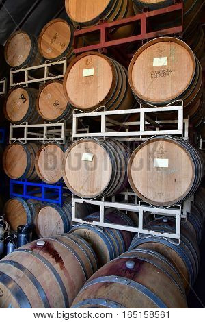 San Luis Obispo USA - july 15 2016 : barrel in the cellar of the Claiborne and Churchhill winery