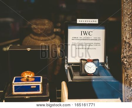 BADEN BADEN - GERMANY - NOV 20 2014: IWC luxury watch in the window of a store in Baden-Baden. International Watch Co. also known as IWC is a luxury Swiss watch manufacturer located in Schaffhausen Switzerland