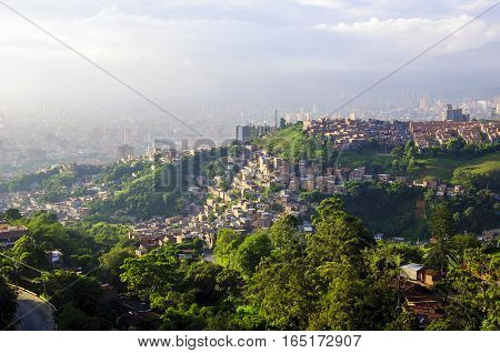 Sun setting over Medellin city in Colombia