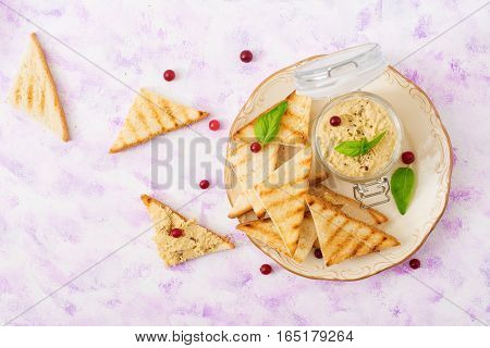 Pate Chicken - Rillette, Toast And Herbs On A Plate. Flat Lay. Top View