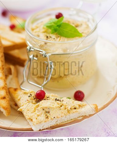 Pate Chicken - Rillette, Toast And Herbs On A Plate