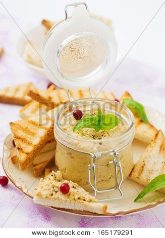 Pate Chicken - Rillette, Toast And Herbs On A Plate