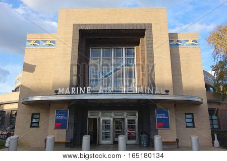 NEW YORK - NOVEMBER 27, 2016: Facade of the Historical Marine Air Terminal at La Guardia Airport in New York. It is an Art Deco building designed in 1939 by William Delano