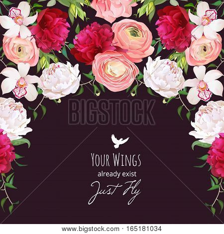 Spanish style semicircle garland frame arranged from burgundy red and white peony peachy ranunculus rose orchid. Floral vector design card with dark background.