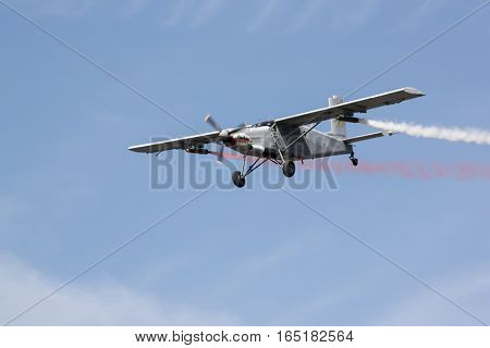 PRACHUAPKIRIKHAN THAILAND - JAN 14 2017: Light aircraft Pilatus PC-6 Finally the masses of the world are stationed of Thai air force flight show on children's day on January 14 2017 in Prachuapkirikhan Thailand.