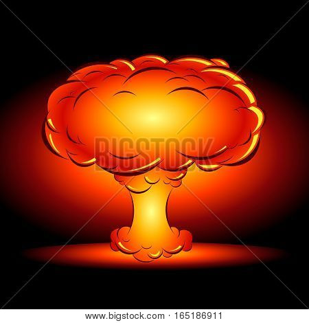 vector illustration of an explosion of a nuclear bomb in the style of a comic book on a dark background