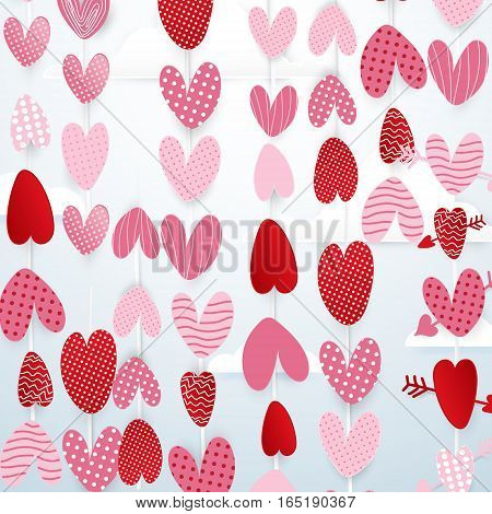 Cute hearts hang in the sky valentines day concept background. paper art and cut origami style