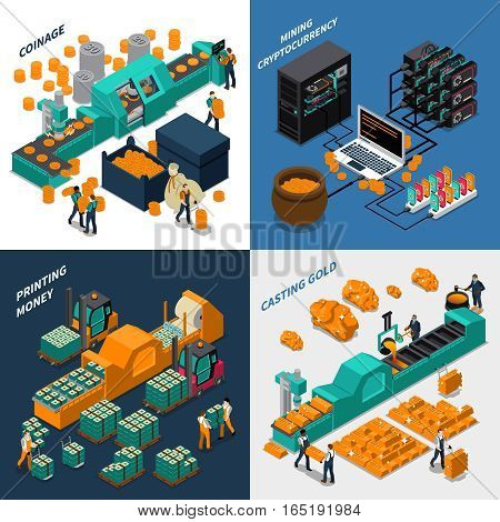 Industrial isometric concept with manufacturing of different types of money mechanical equipment and workers vector illustration