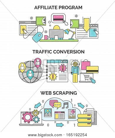 Three scribble illustrations for internet marketing and seo optimization. Affiliate program, traffic convertion and web scrapping concepts for web and design.