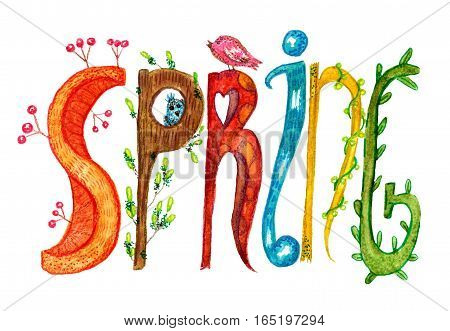 raster colorful illustration with a stylized spring inscription isolated on white. Special for spring theme, warm image for children goods, printed production and stationery.