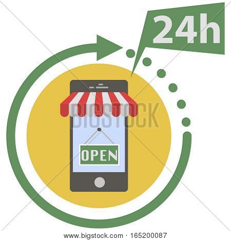 Day and night online shop on modern smart phone in flat style. On line store. Sale, smart phone with awning on white background.