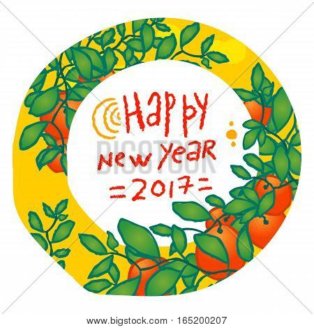Chinese New Year, 2017. Branches of mandarin orange fruits. Hand drawn sketchy cartoon clip-art, vector illustration for greeting card, certificate, poster or gift package. Tangerines with leaves