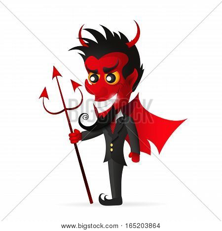 Vector cartoon image of funny red devil with horns and tail standing and frightening someone on a white background.
