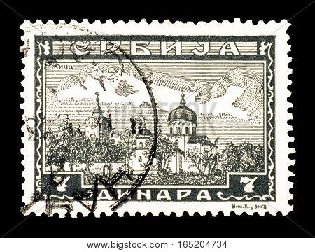 SERBIA - CIRCA 1943 : Cancelled postage stamp printed by Serbia, that shows Monastery Zica.