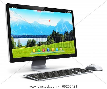 3D render illustration of modern professional desktop computer PC workstation with screen or monitor display with nature landscape keyboard and mouse isolated on white background
