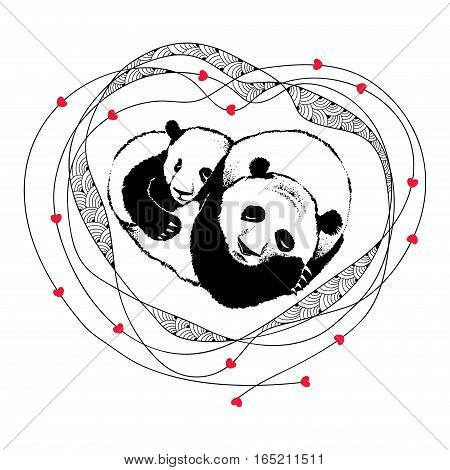 Vector illustration of sleeping panda couple in love with ornate frame with hearts isolated on white. Romantic design elements and holiday symbols with animals in contour style for Valentine day.