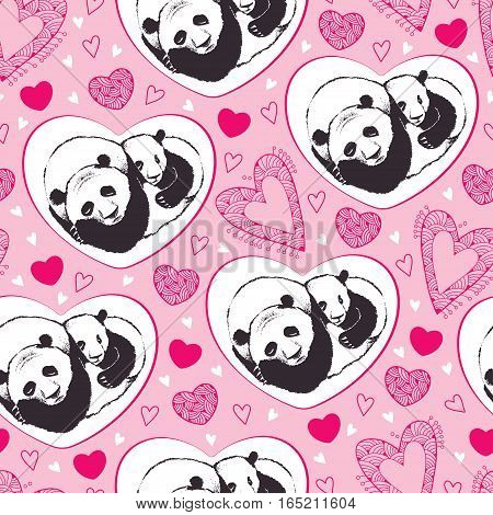 Vector seamless pattern with sleeping panda couple in love and ornate hearts on the pink background. Design elements and holiday symbols in contour style for Valentine day. Romantic background.