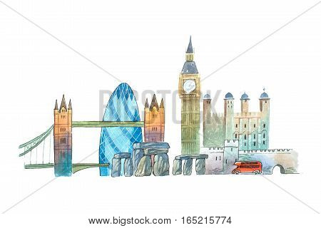 City of London Skyline famous landmarks travel and tourism waercolor illustration
