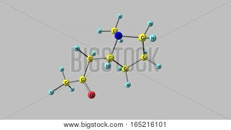 Hygrine is a pyrrolidine alkaloid found in coca. Hygrine usually occurs along with other more potent alkaloids such as atropine or cocaine. 3d illustration
