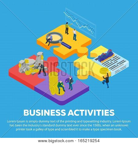 Business activities flat 3d isometric banner. Man to mine gold coins. Search for investors. Business planning. Stock quotes. People in different poses at work. 3d puzzle pieces. Vector illustration