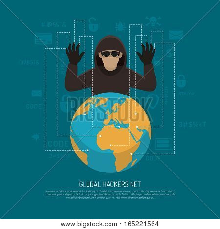 Hackers threat warning flat poster with black criminal man figure behind terrestrial globe.