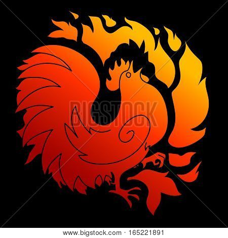 2017, the Year of the Fire Rooster in Chinese Horoscope. Red and gold colors, symbol of new year. Fire element. Hand drawn sketchy cartoon clip-art, vector illustration, isolated on black