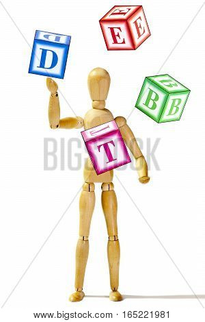 Mannequin juggling boxes with letters as a concept of juggling debt