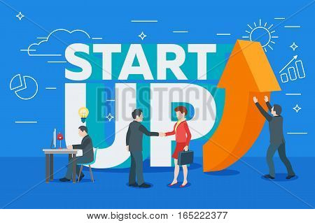 Business startup work moments flat banner. New ideas search for investor increased profits. Vector illustration of a business situation. Businessman and businesswoman enter into a contract