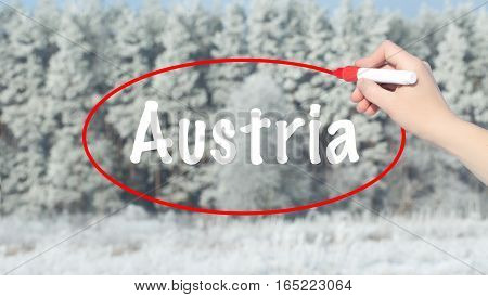 Woman Hand Writing Austria With A Marker Over Winter Forest.