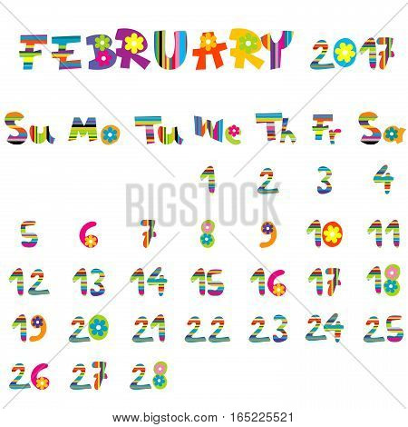 Cute February 2017 calendar for kids on white background