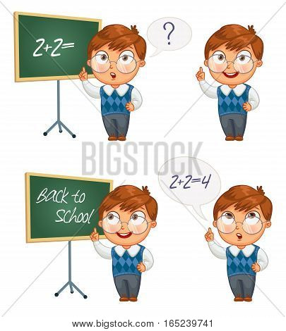 Back to school. Schoolboy writing on the chalkboard. Boy solves equations on blackboard. Funny cartoon character. Vector illustration. Isolated on white background. Set