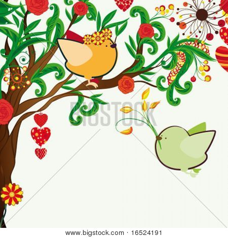 Fundo floral Primavera. Casal de passarinhos na árvore bloosom fantástico.