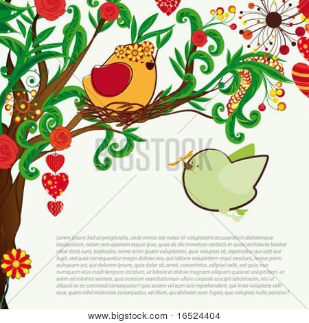 Fundo floral Primavera. Casal de passarinhos e bloosom árvore fantástica.