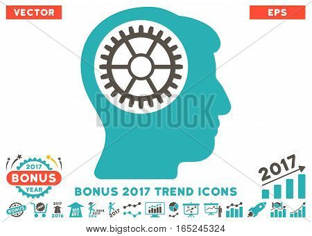 Grey And Cyan Head Cogwheel icon with bonus 2017 year trend elements. Vector illustration style is flat iconic bicolor symbols white background.