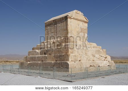 PASARGADAE, IRAN - OCTOBER 8, 2016: Tomb of achaemenid king Kyrus II. in Pasargadae on October 8, 2016 in Iran, Asia