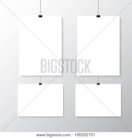 Image vector white poster hanging on binder. Grey wall with mock up empty paper blank. Layout mockup. Vertical and horizontal template sheet.