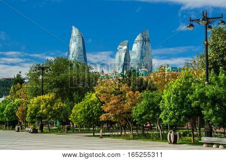 Flame Towers In Baku Cityscape.